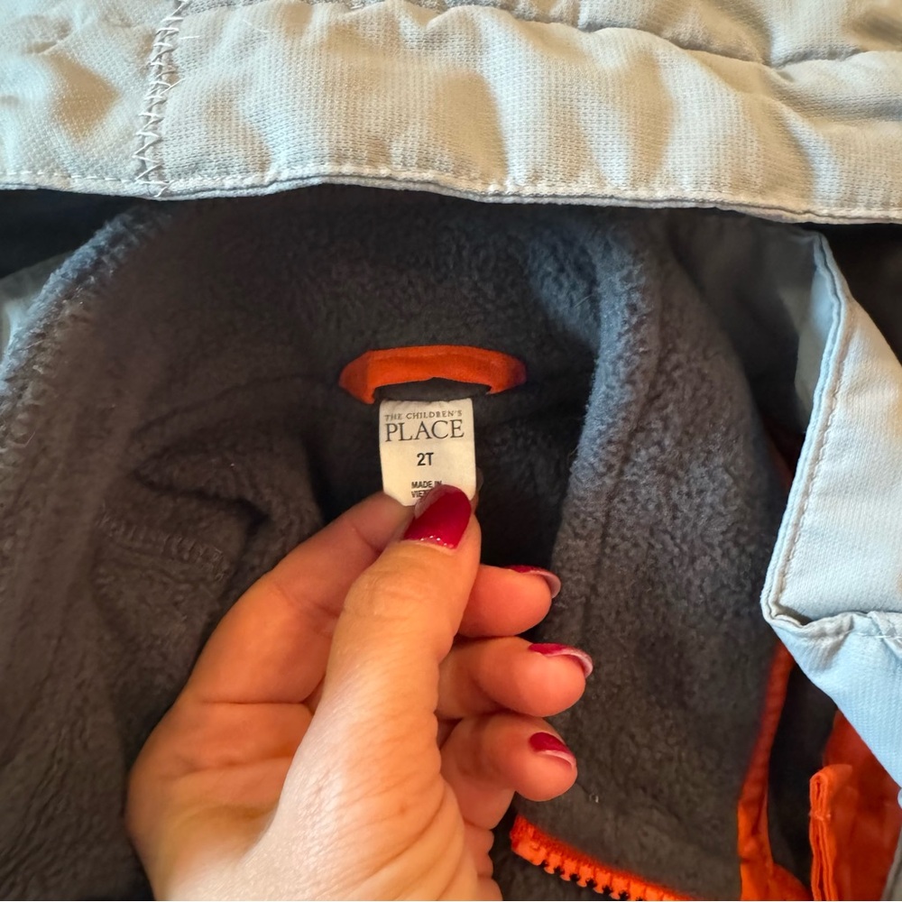 Children’s Place Toddler Boys Gray and Orange Fleece Lined Hooded Coat size 2T - Picture 2 of 6